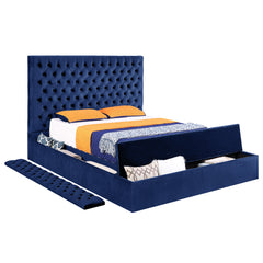 King Size Contemporary Velvet Upholstered Bed with Storage Locker, Deep Button Tufting, Solid Wood Frame, High-density Foam, Silver Metal Leg - Blue
