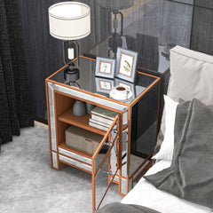 Modern Mirrored Nightstand with 2 Storage Cabinets - Silver Glass