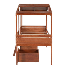 Twin Size Loft Wood House Bed with Two Drawers - Walnut