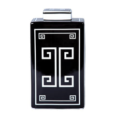 12"H Ceramic Decorative Jar with Black and White Geometric Design
