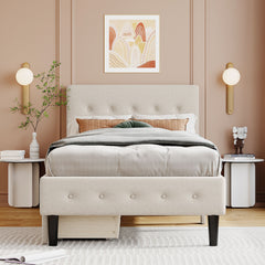Twin Size Upholstered Platform Bed with 2 Drawers - Beige