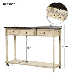 Console table with projecting drawers and long beige shelf