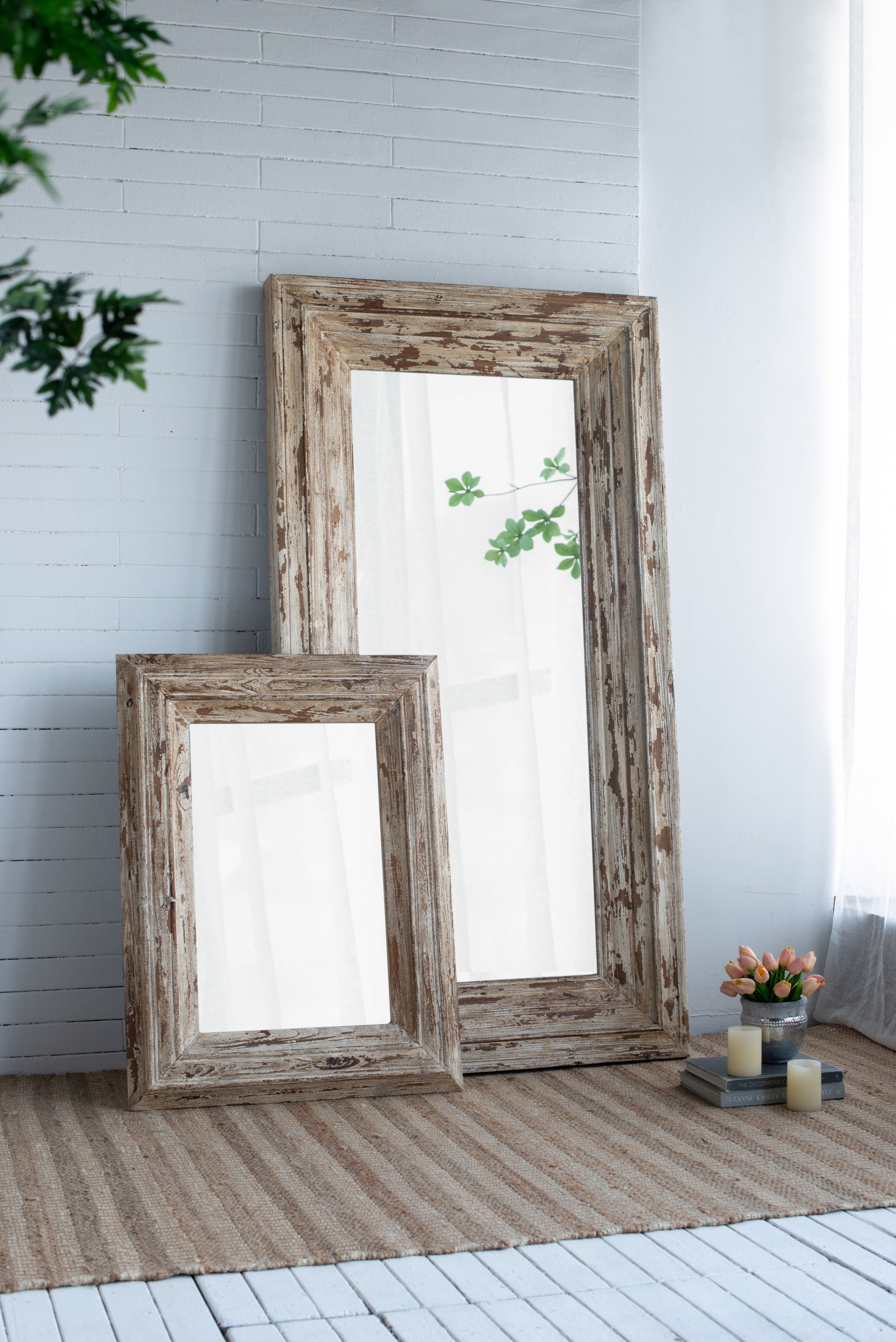 Full Length Rectangle Floor Mirror with Distressed Wood Frame 39x3.5x75"