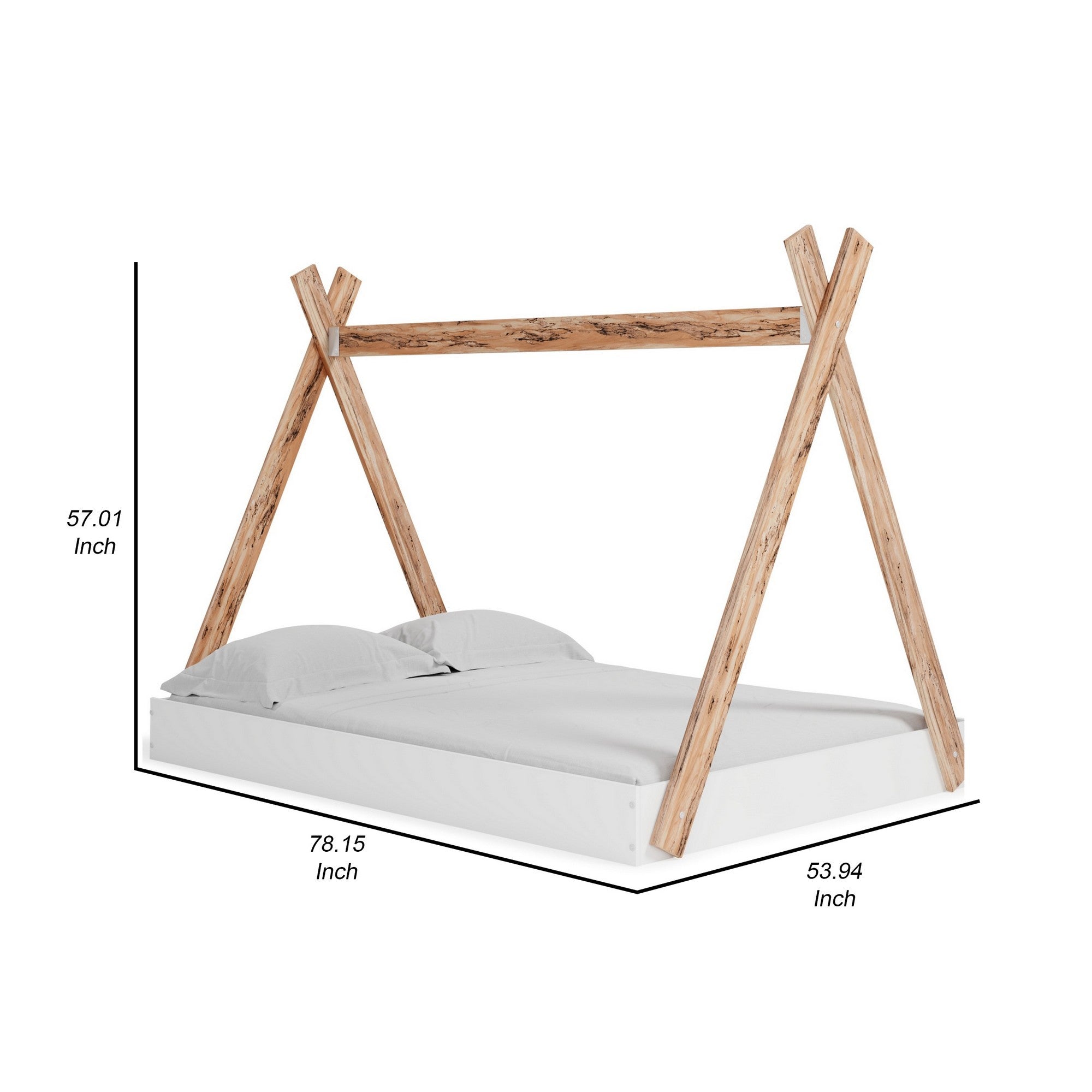 Modern Full Bed, Crossed Wood A Frame Tent Stand, Crisp White Base
