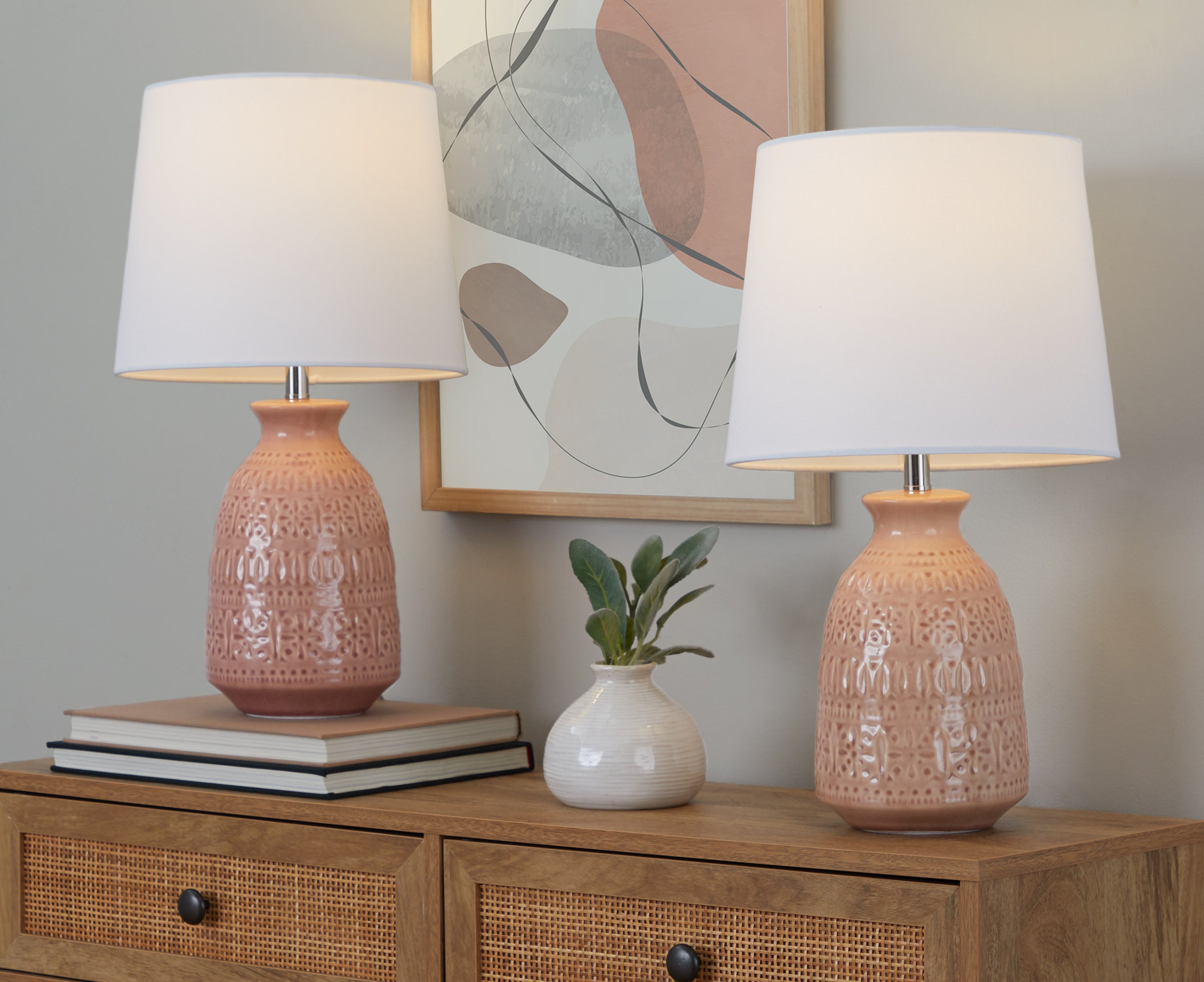 20" Contemporary Accent Lamp in Rose Tan Ceramic, Polished Nickel Accents and White Linen Shade - Set of 2