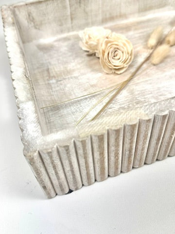 Boho Handmade Serving Wooden Tray Whitewash Finish with Stripes 12x10x2.5”