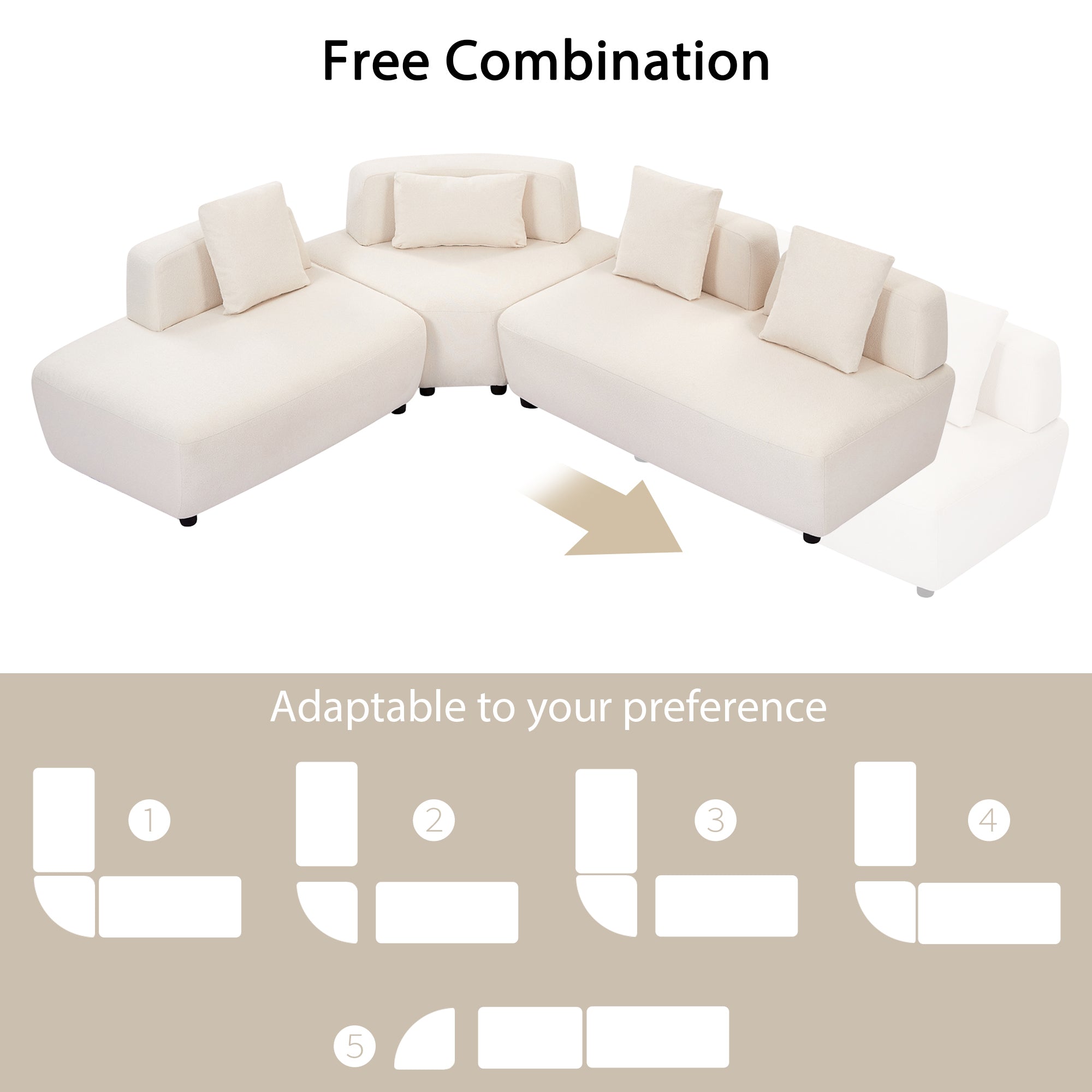 Contemporary 3-piece Sectional Sofa Free Convertible sofa with Four Removable Pillows - Beige