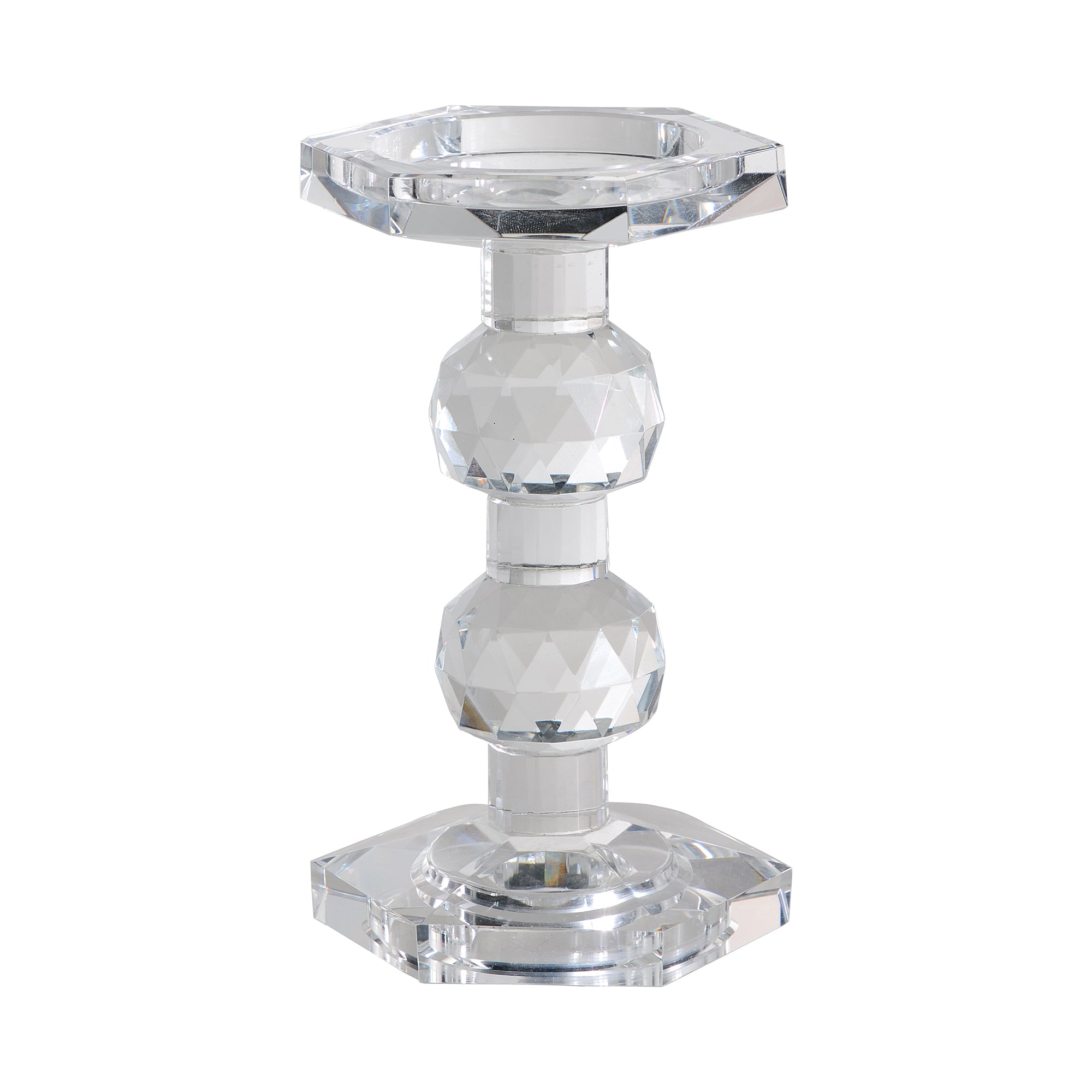 Crystal Glass Solid Turned Pillar, 7 Inch Candle Holder - Clear Glass
