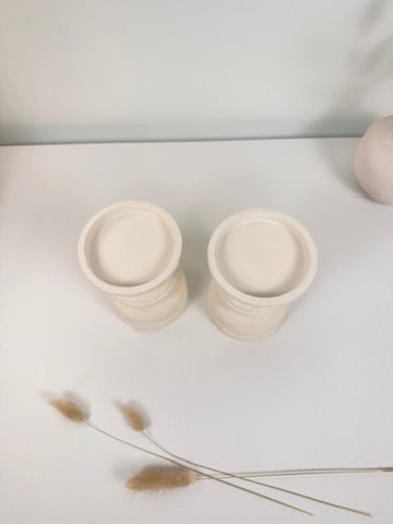 Set of 2 Candle Holders Minimalist Style Hand-Painted and Textured Wood 6" tall each - Cream White