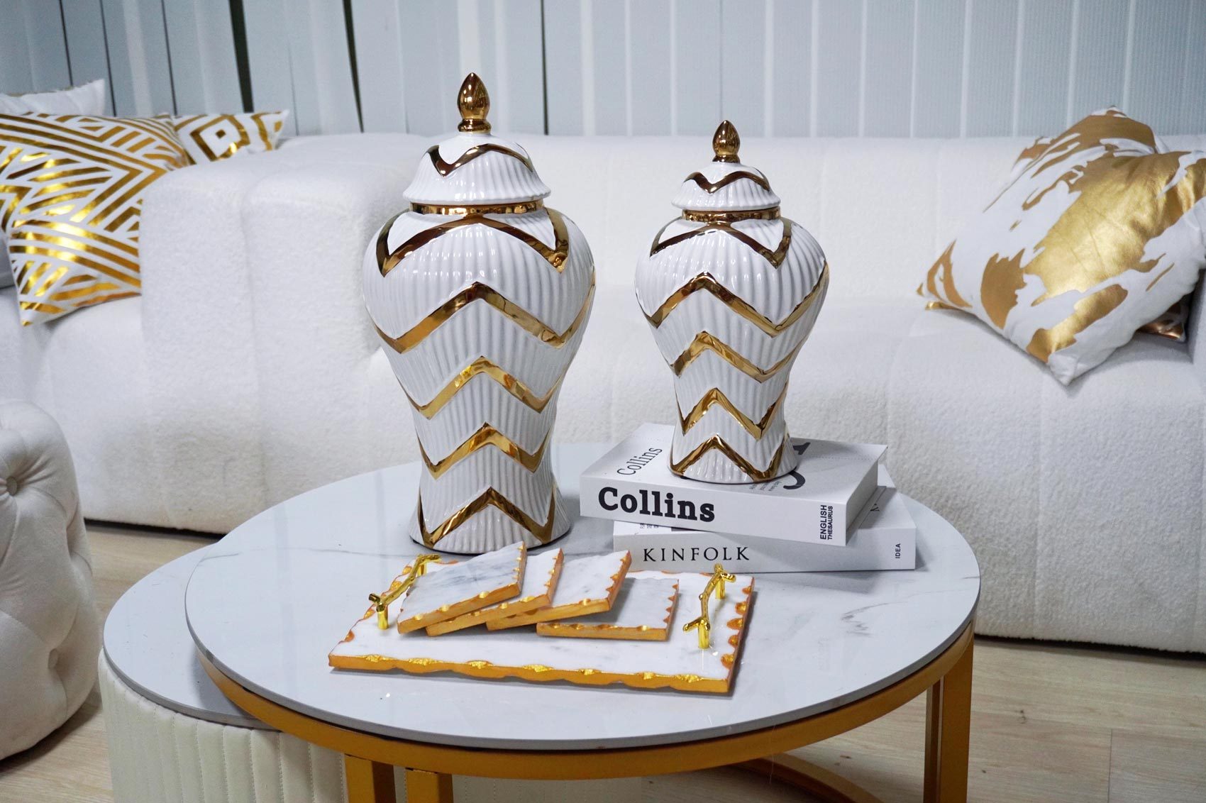 12.50"H Timeless White Gilded Waves Ginger Jar with Removable Lid