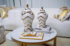 12.50"H Timeless White Gilded Waves Ginger Jar with Removable Lid
