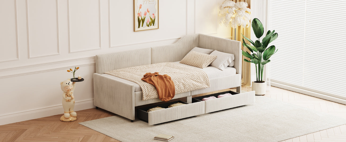 Twin Size L-Shaped Corduroy Daybed,Upholstered Bed Frame with  2 Storage Drawers, Beige