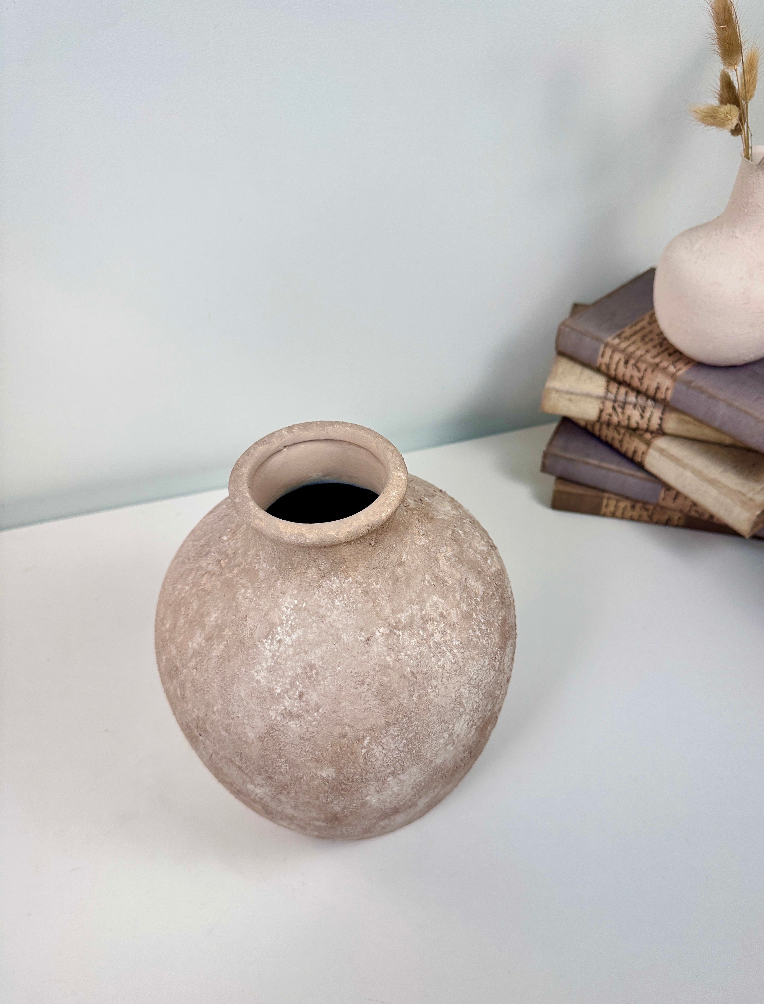Minimalist Hand-Painted Textured Ceramic Vase 10" tall -  Beige Washed