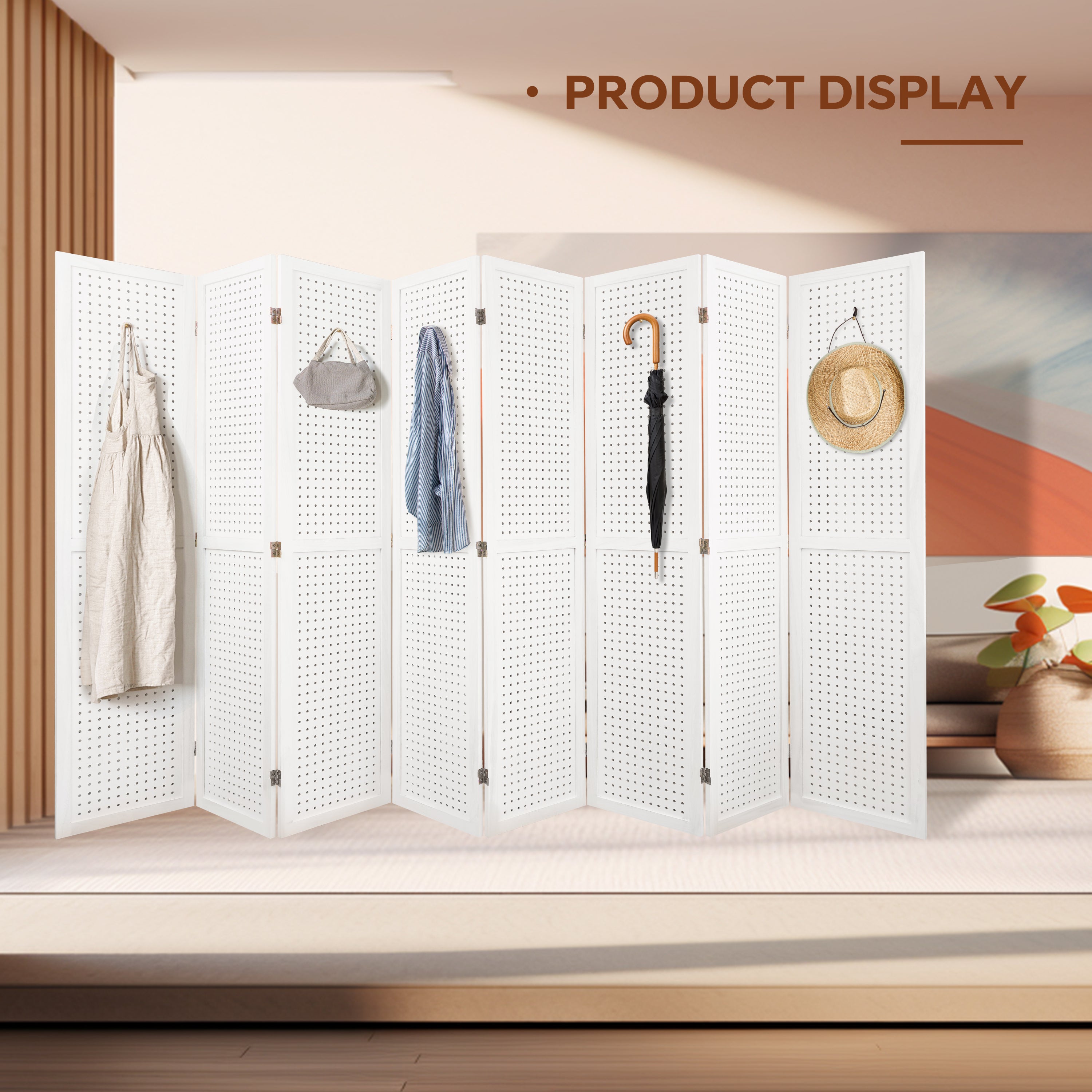 8 Panel Room Divider, 5.6Ft Pegboard Display Wooden Room Divider - Elegant White