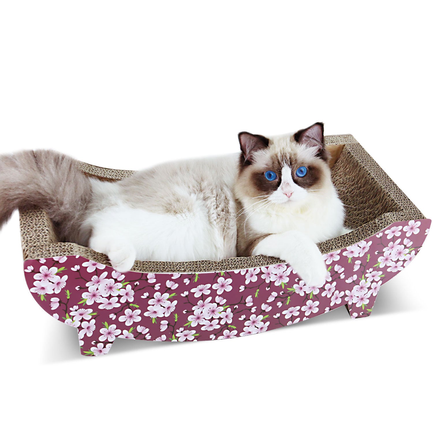 ScratchMe Cat Scratching Post Lounge Bed , Boat Shape Cat Scratcher Cardboard, Durable Recycle Board Pads Prevents Furniture Damage