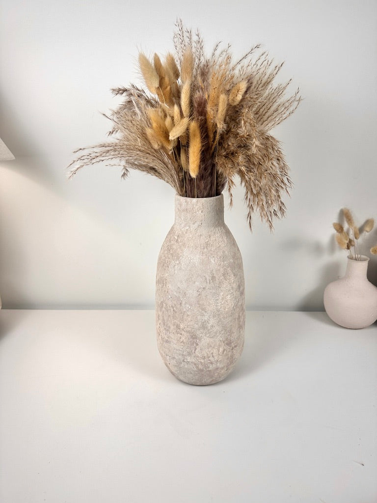 Rustic Hand-Painted/Textured Ceramic Vase 12” tall - beige washed