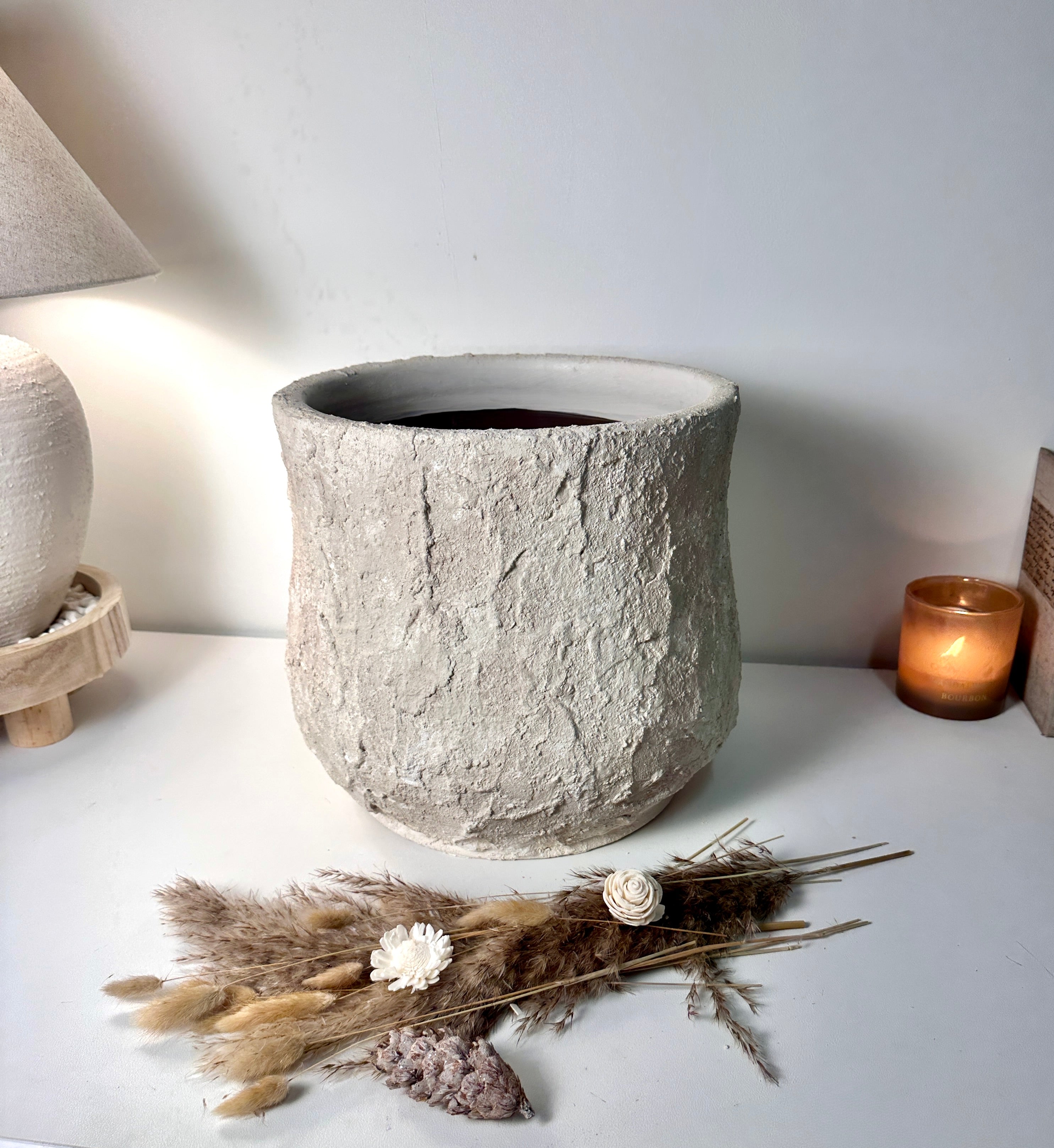 Minimalist Hand-Painted & Textured Planter Pot 12" tall with drainage hole one time creation - Cream Linen wash