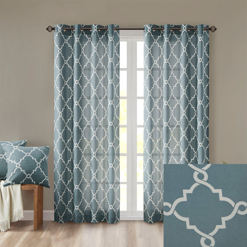 Fretwork Print Grommet Top Window Curtain Panel - White+Blue