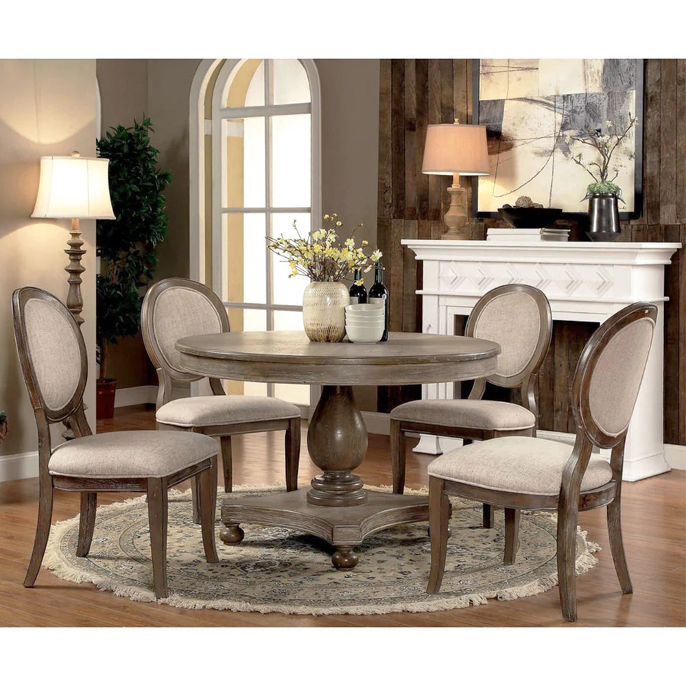 Set of 2 Padded Beige Fabric Dining Chairs in Rustic Oak Finish