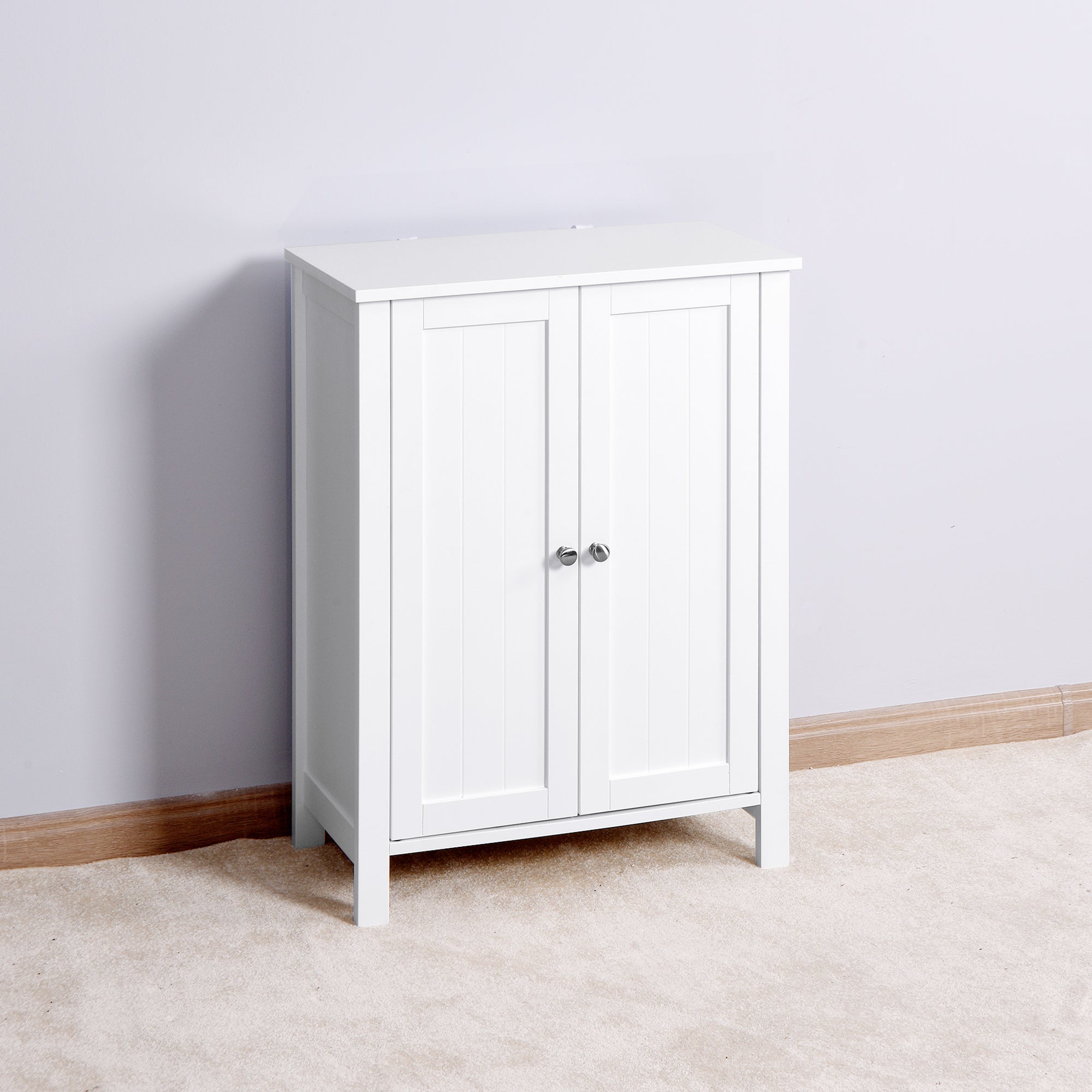 Bathroom Floor Storage Cabinet with Double Door Adjustable Shelf - White