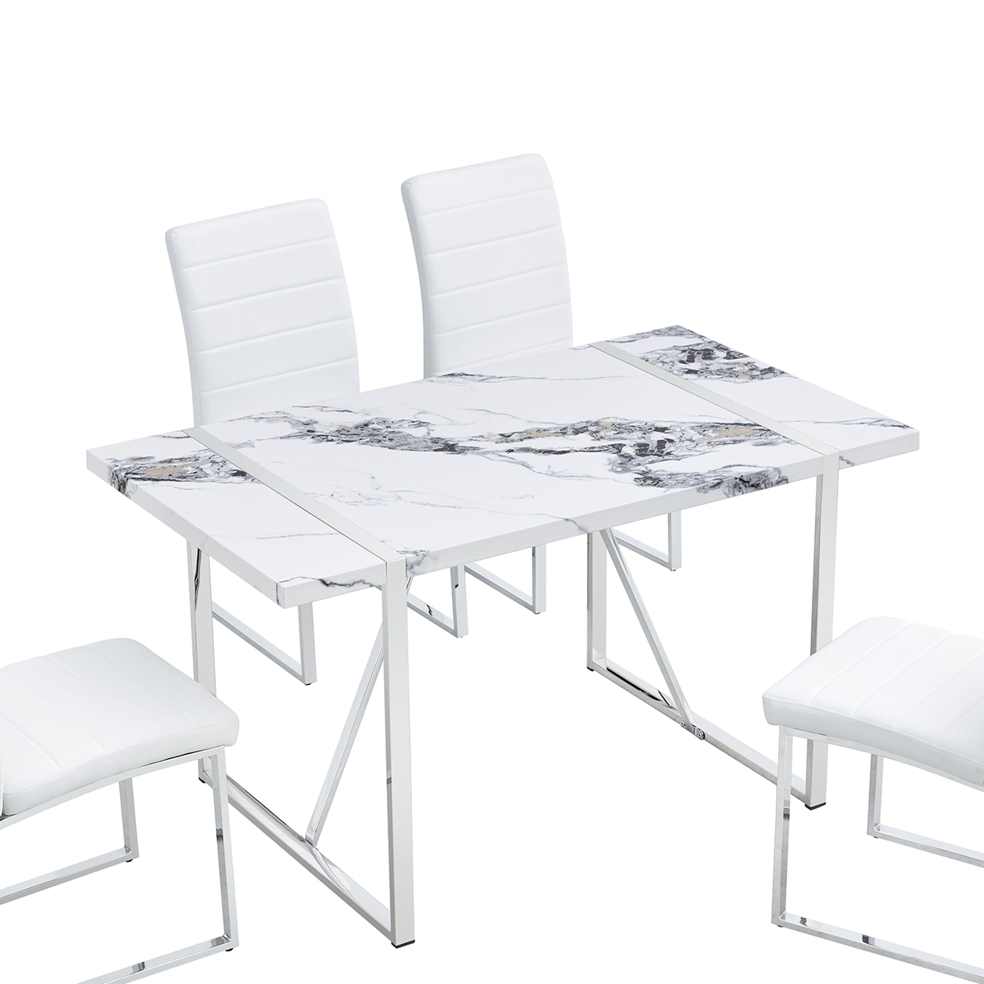 Dining Table Chairs Set for 4, Rectangular Dining Room Table Set, Faux Marble Modern Dining Table & Leather Chairs for Kitchen Dining Room, White