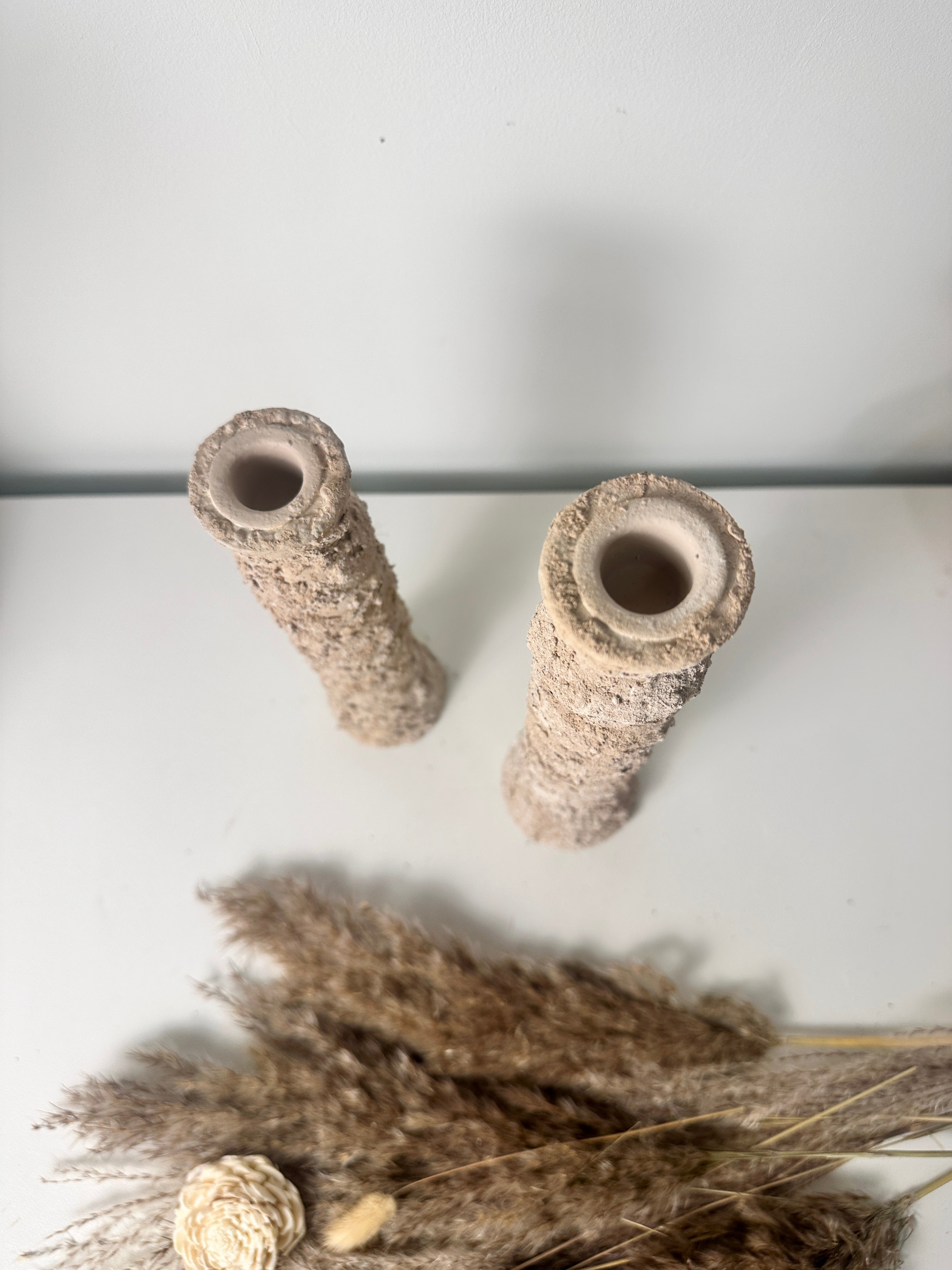 Set of 2 candlestick holders hand-painted and textured minimalist rustic style 12" tall and 10" tall - Tan Beige