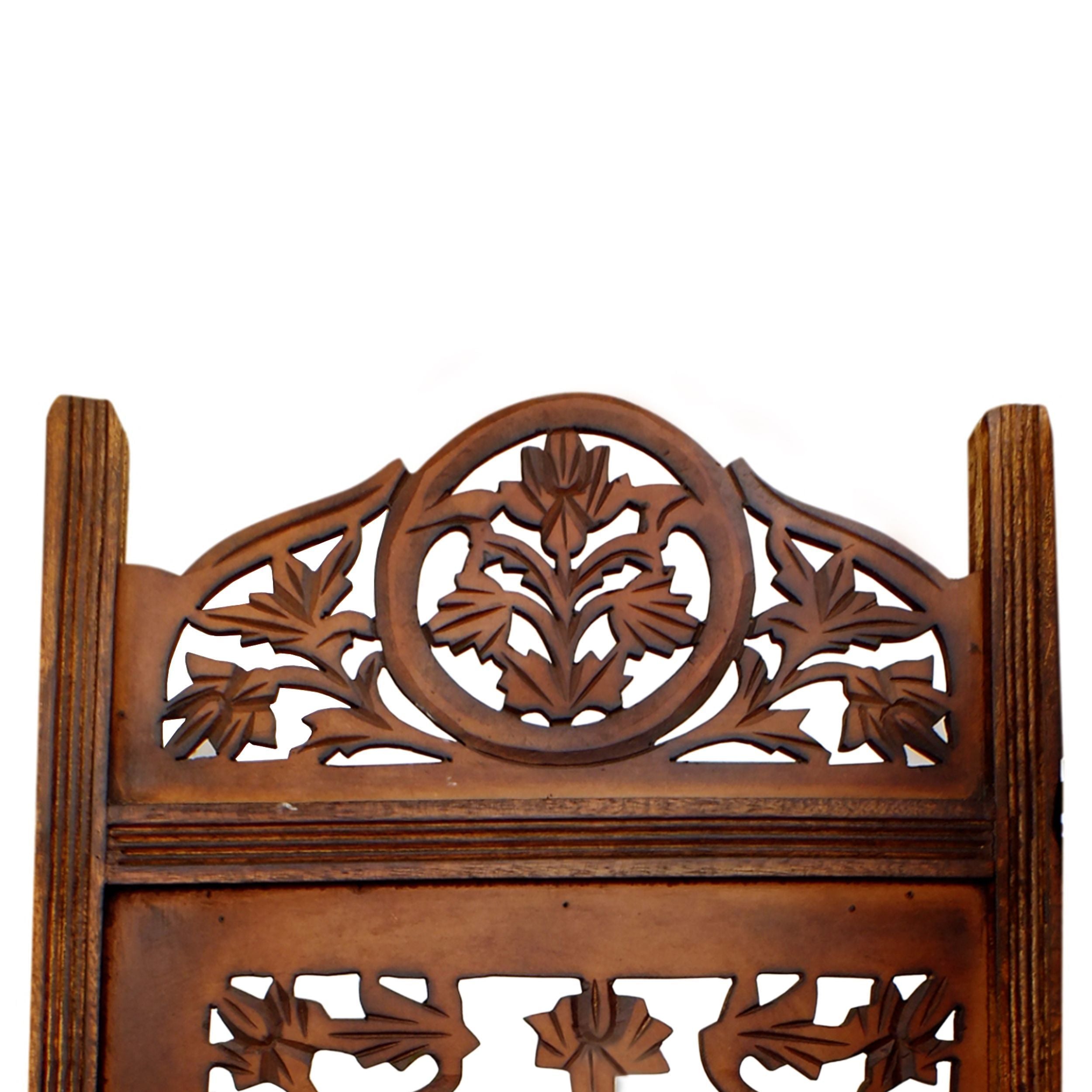 Handcrafted Wooden 4 Panel Room Divider Screen Featuring Lotus Pattern Reversible