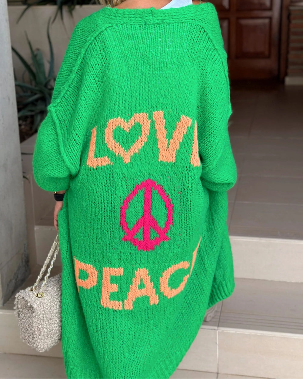 Cozy Women's Love Peace Graphic Oversized Cardigan Sweater Long Sleeve