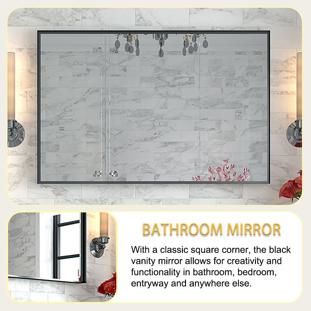 Black Rectangular Bathroom Mirror Square Angle Metal Frame 36x24inch (Horizontal & Vertical)