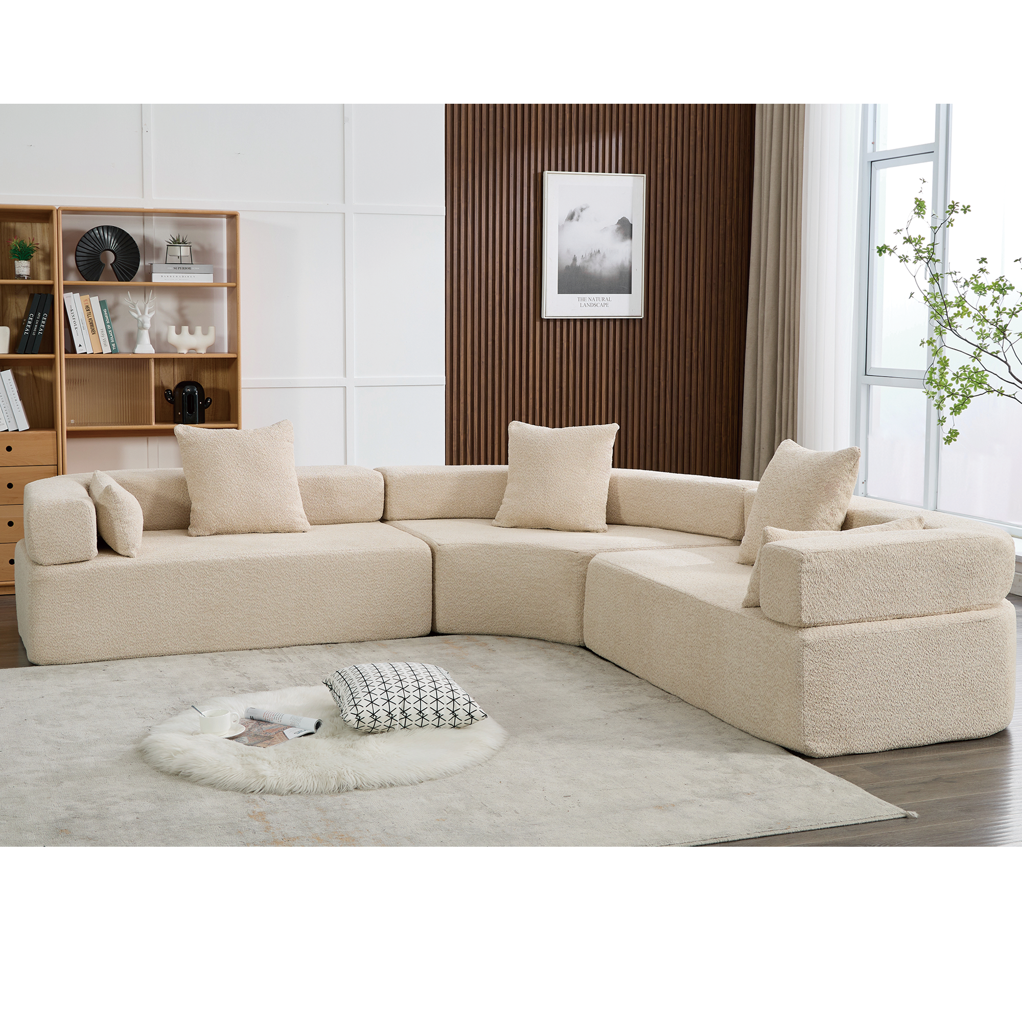 Upholstered 4 Seater Couch for Living Room, Modern Modular 3 Piece Free Combination, Semicircular Modular Sofa - Boucle, Khaki