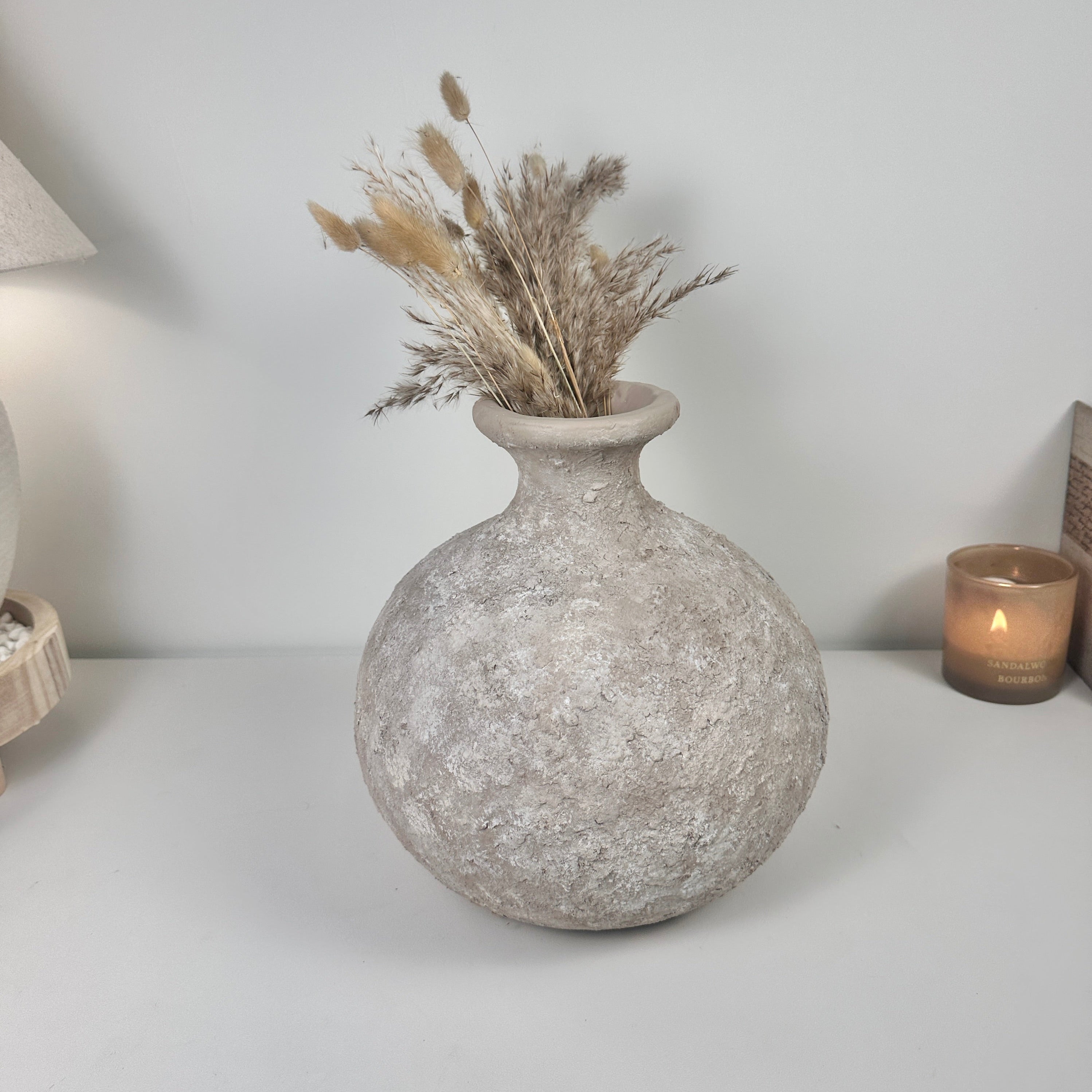 Rustic Hand-Painted Ceramic Round Bottle Vase 11" tall - Beige Wash
