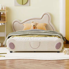 Full Size Velvet Platform Bed with Bear-Shaped Headboard, with Bed-End Storage Pocket, Beige
