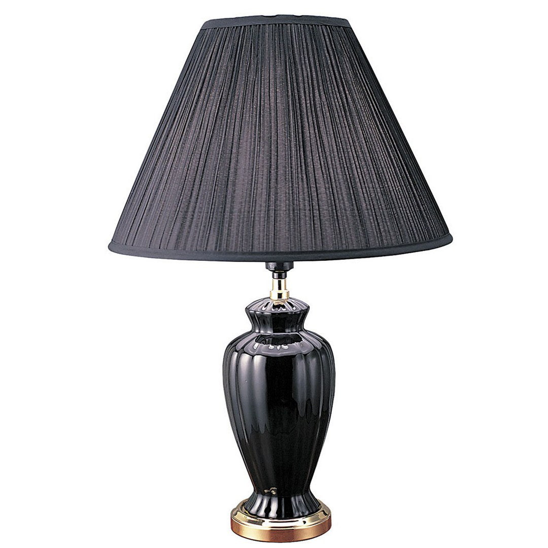 26" Tall Ceramic Table Lamp, Urn-Shaped with Black finish, Linen Shade