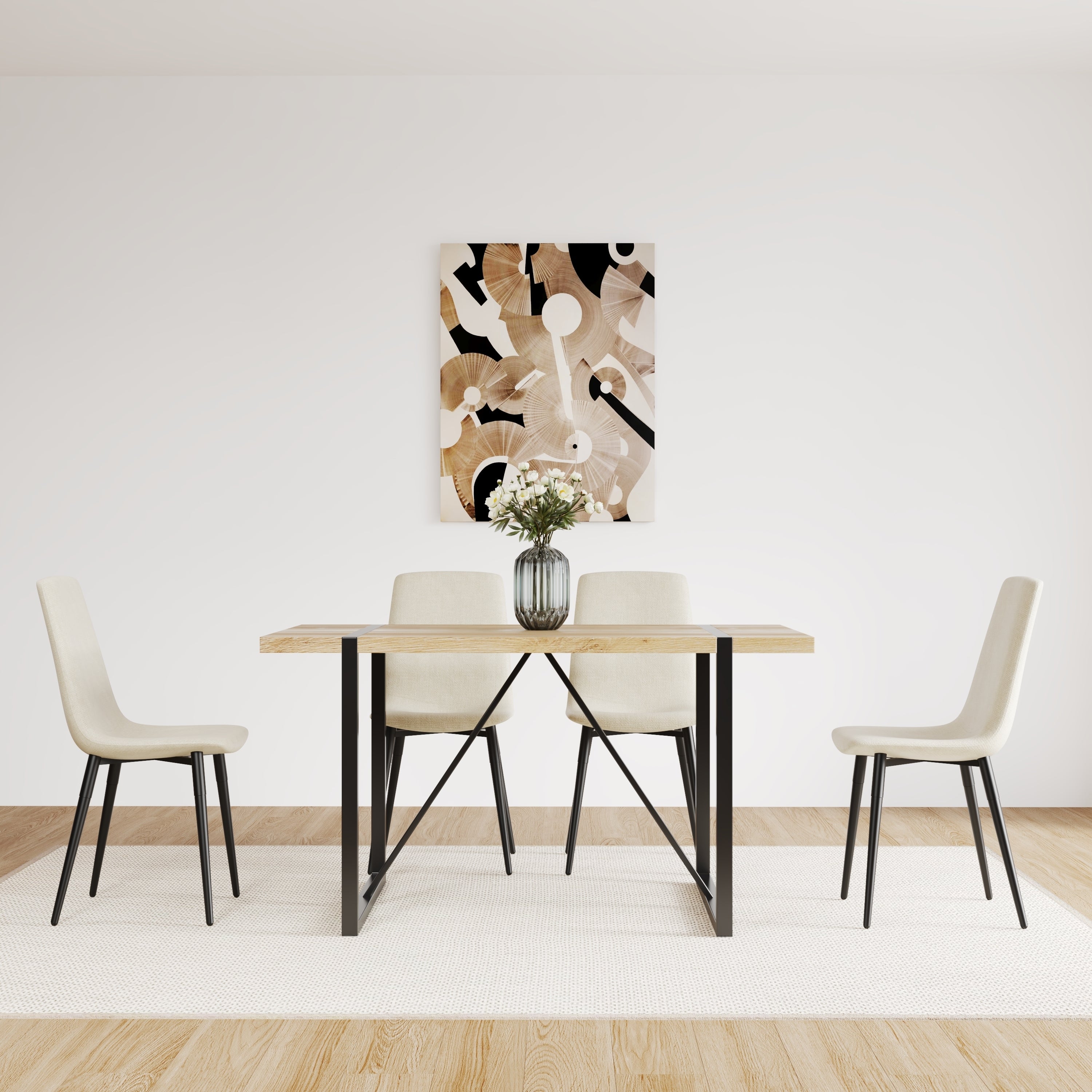 Set of 4 Modern Kitchen Dining Room Chairs, Cushion Seat and Sturdy Black Metal Legs - Beige