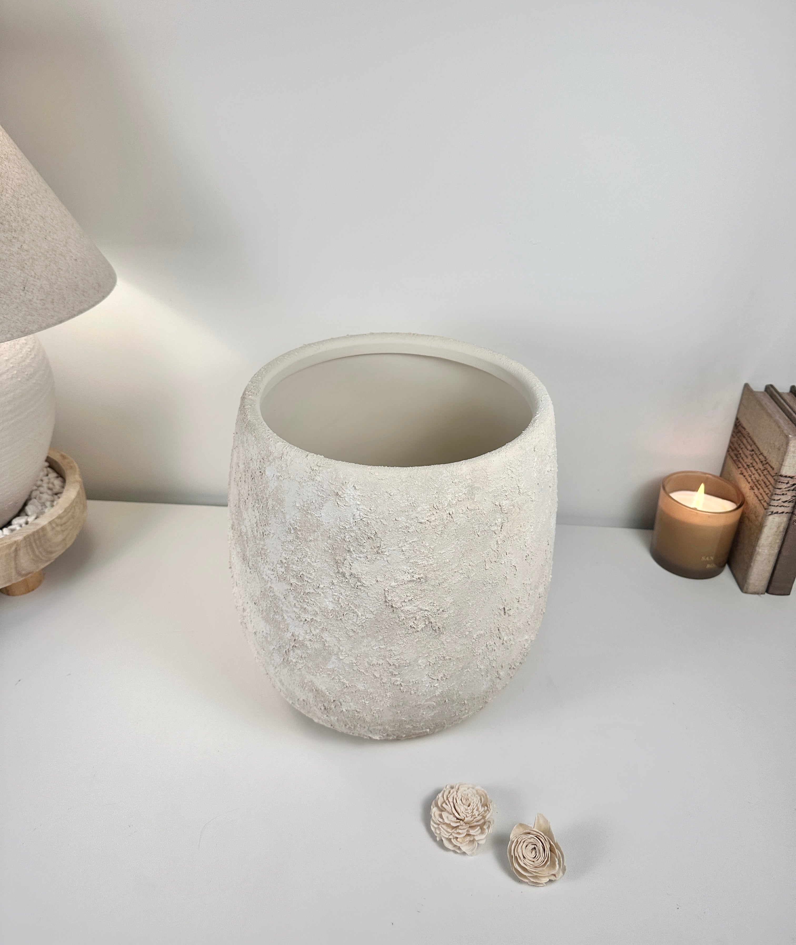 Minimalist Textured Hand-painted Ceramic Planter 12.5"" tall - off white washed