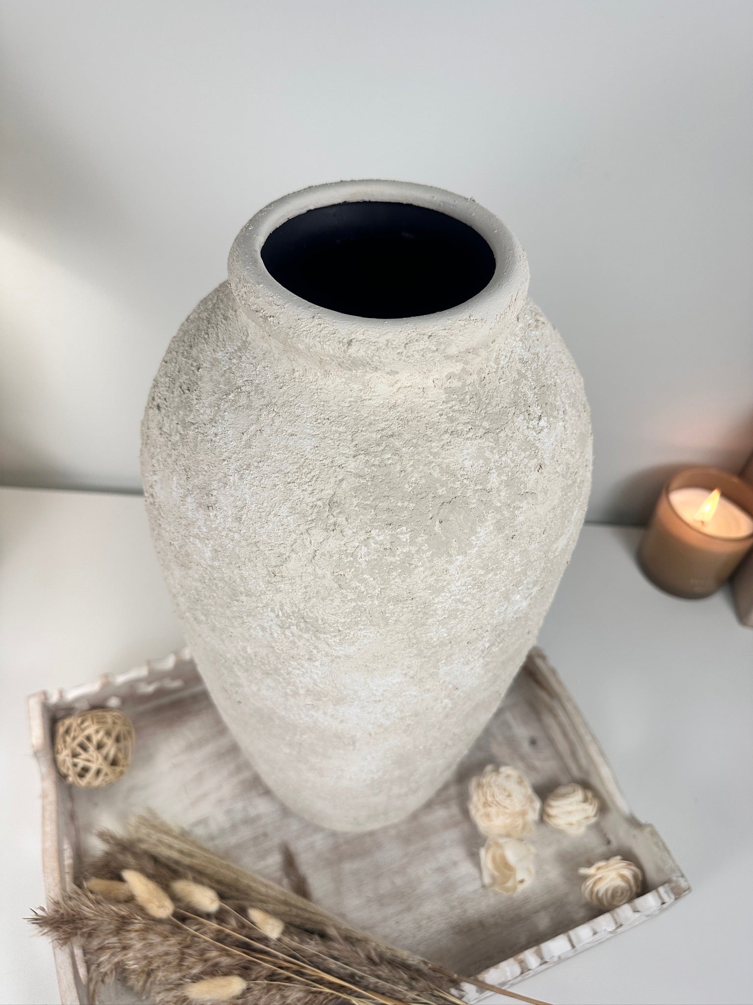 Minimalist Vase 18" tall Textured Hand-painted Ceramic  - Off White washed