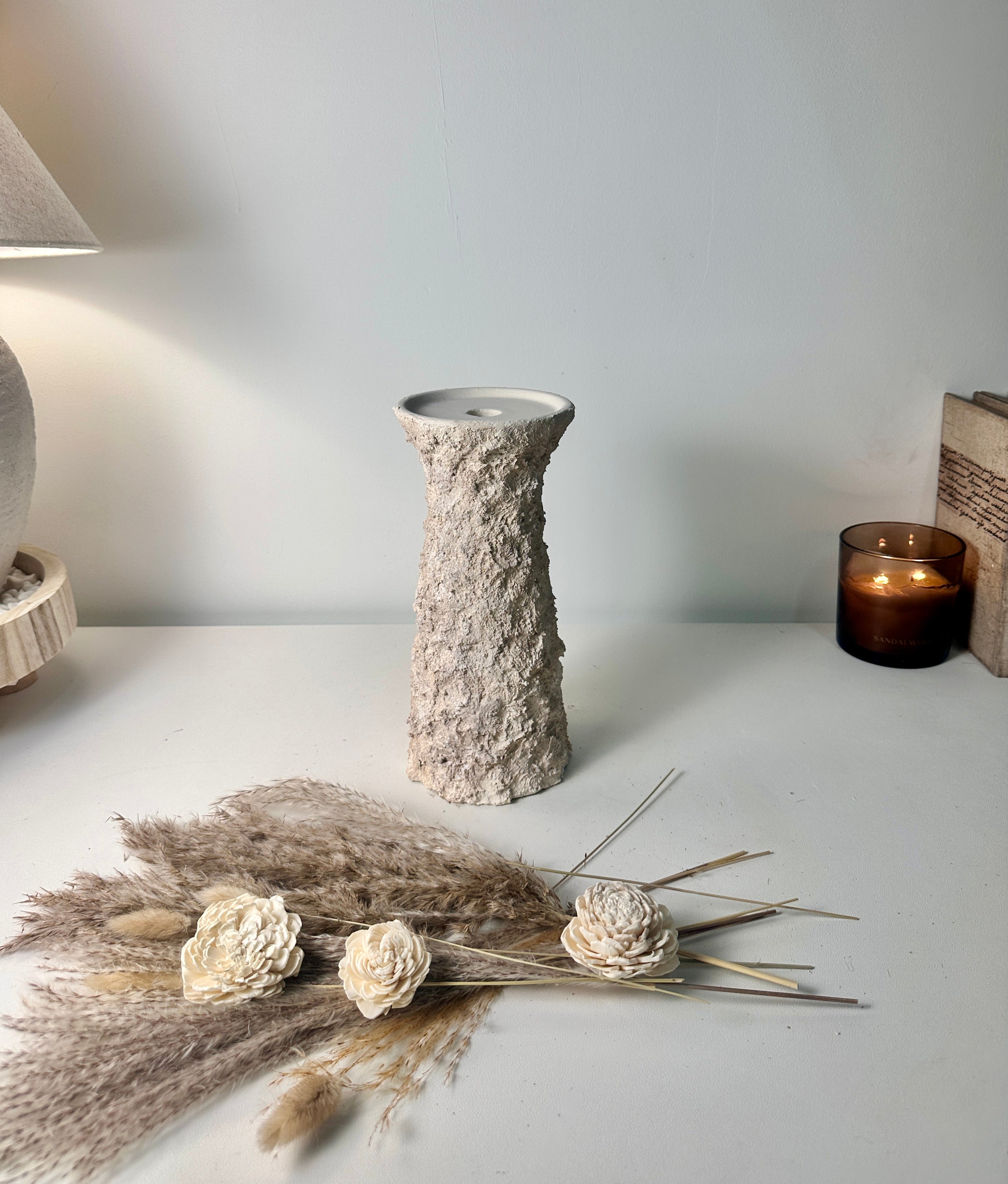 10'5  Minimalist Abstract Textured Candle Holder for Candlestick and Pillar Candle 10'5 tall - Cream wash