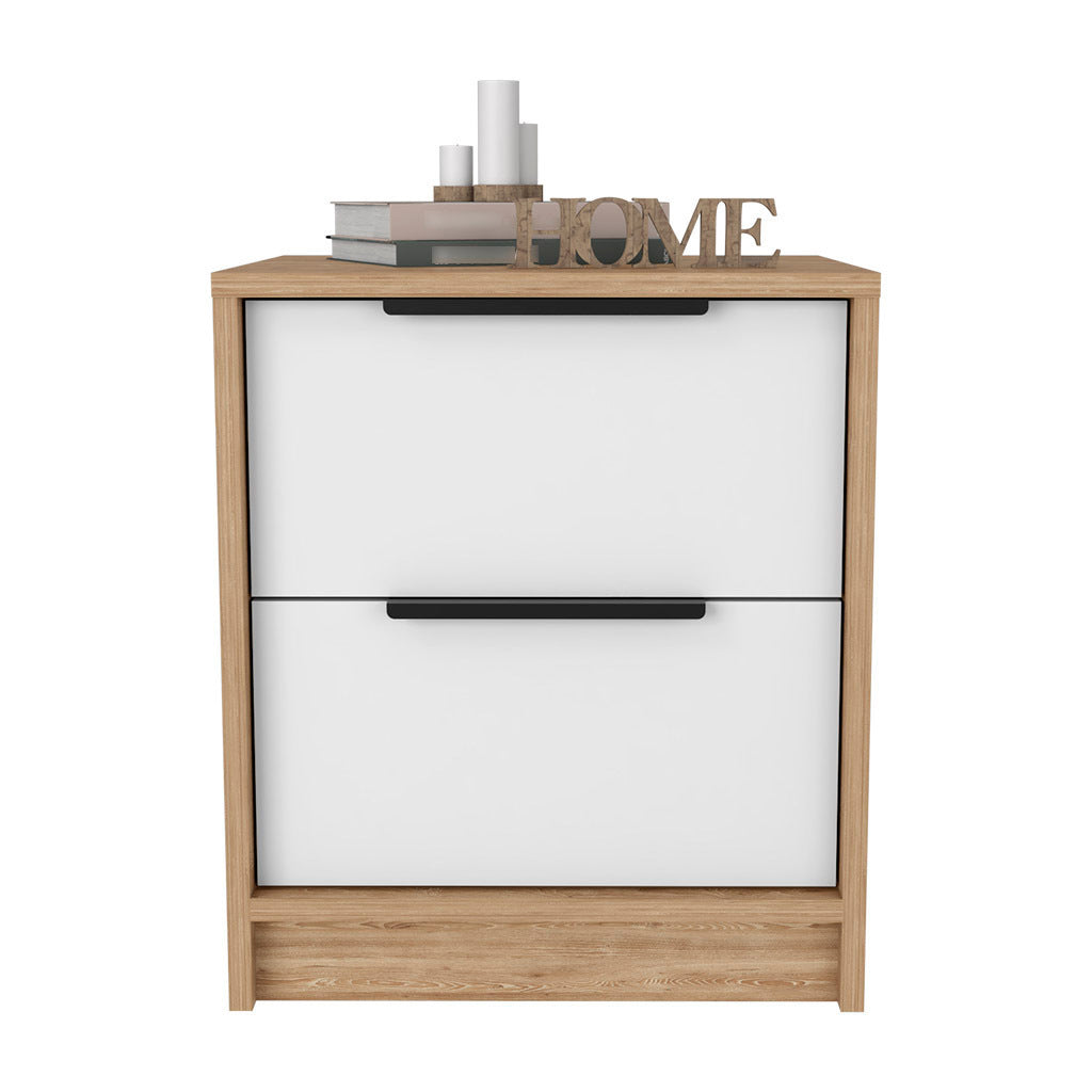 Nightstand Cervants, Two Drawers, Metal Handle - White / Pine Finish