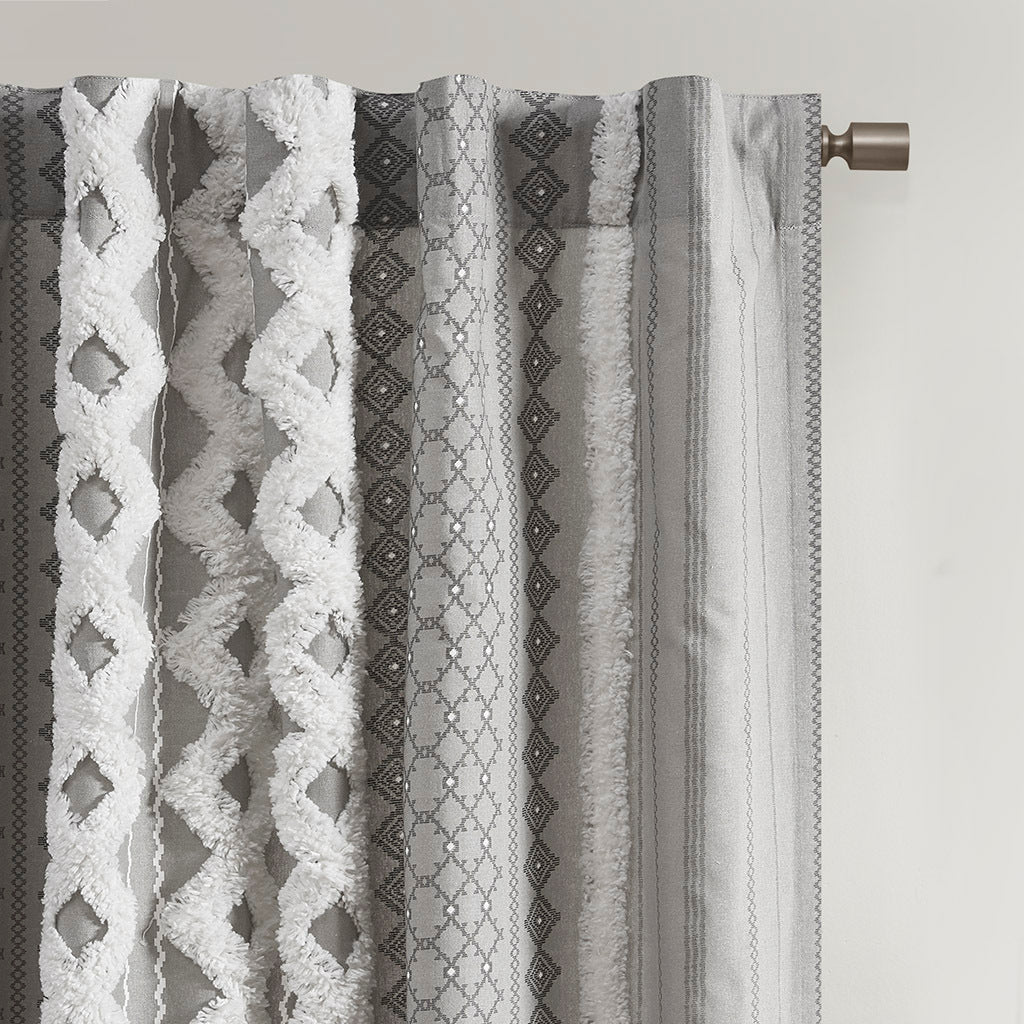 Cotton Printed Curtain Panel with Chenille Stripe and Lining - Gray