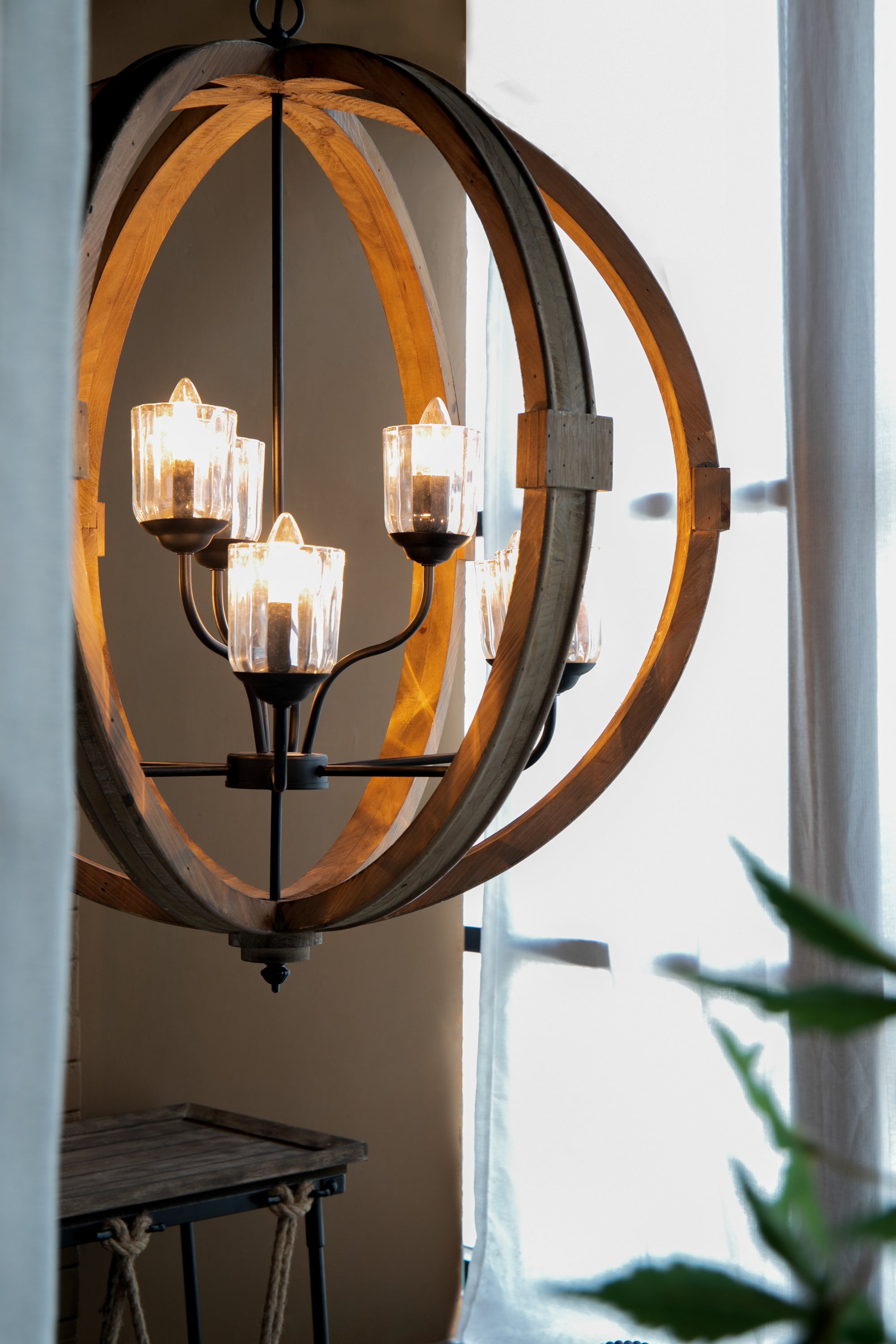 9- Light Globe Chandelier, Wood Chandelier Hanging Light Fixture with Adjustable Chain