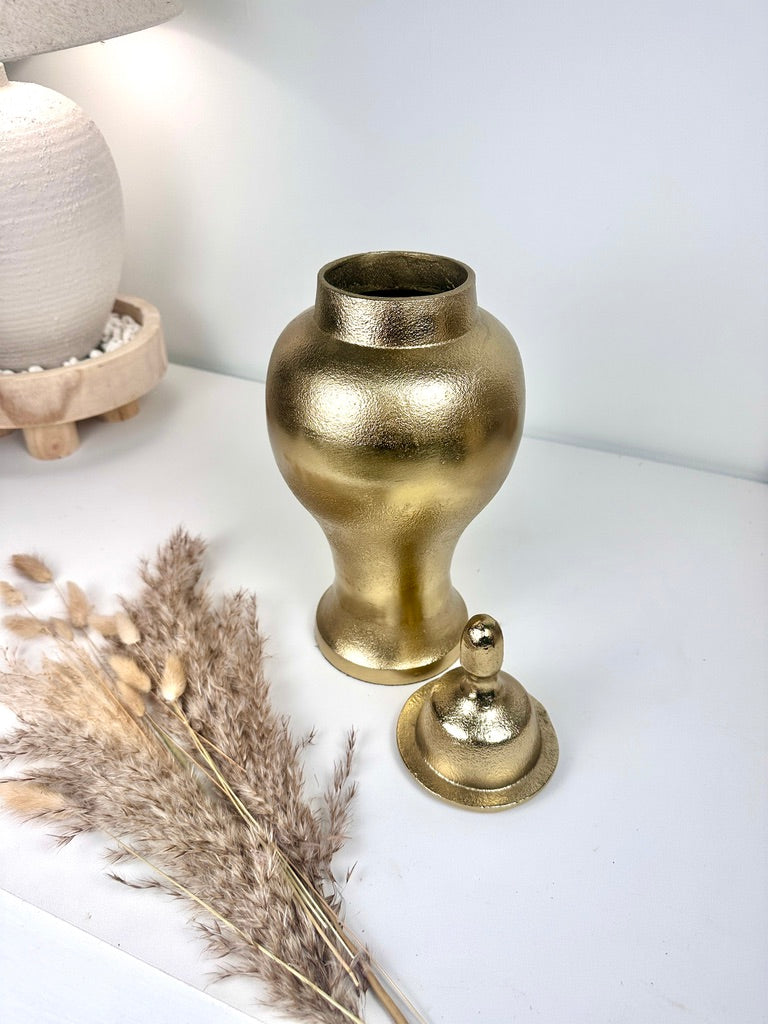 Gold Metal Ginger Jar Hammered Finish with Classic Lid 15" tall