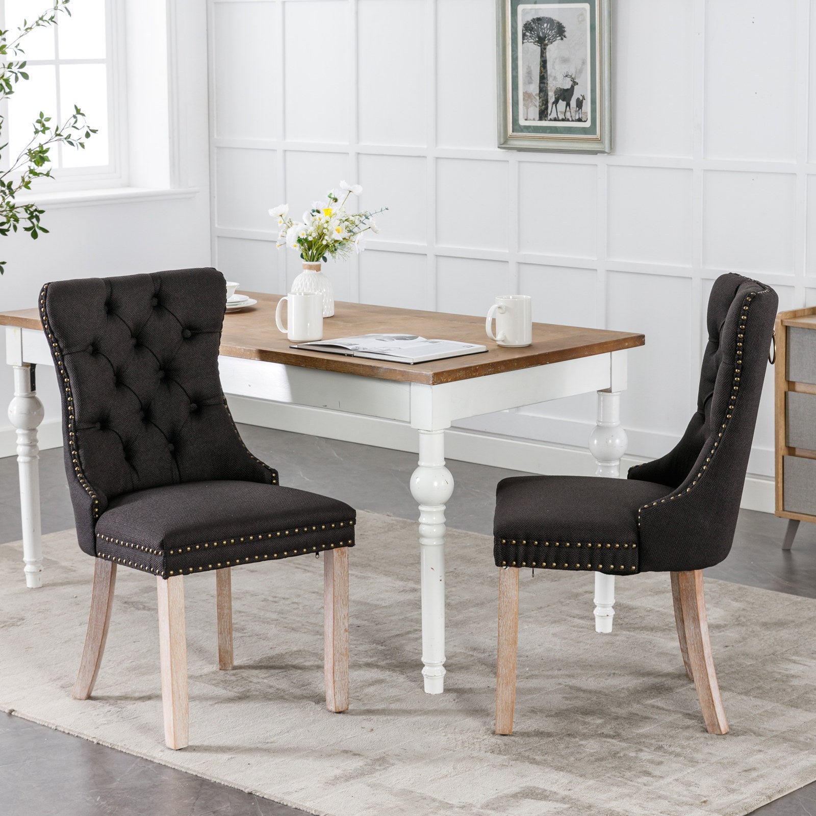 Set of 2 - High-end Tufted Solid Wood Contemporary Flax Upholstered Linen Dining Chair with Wood Legs Nailhead Trim - Black Linen