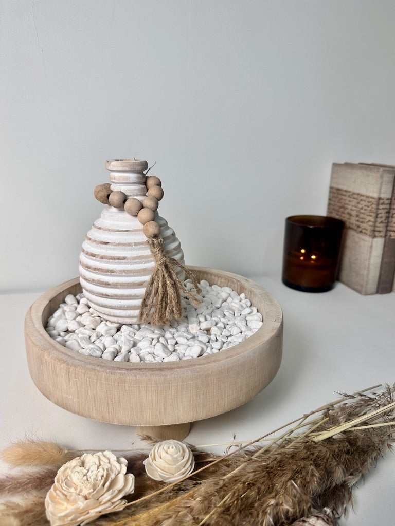 Set of 3 Home Decorative Round Wood Tray, Small Boho Style Vase, White Rocks