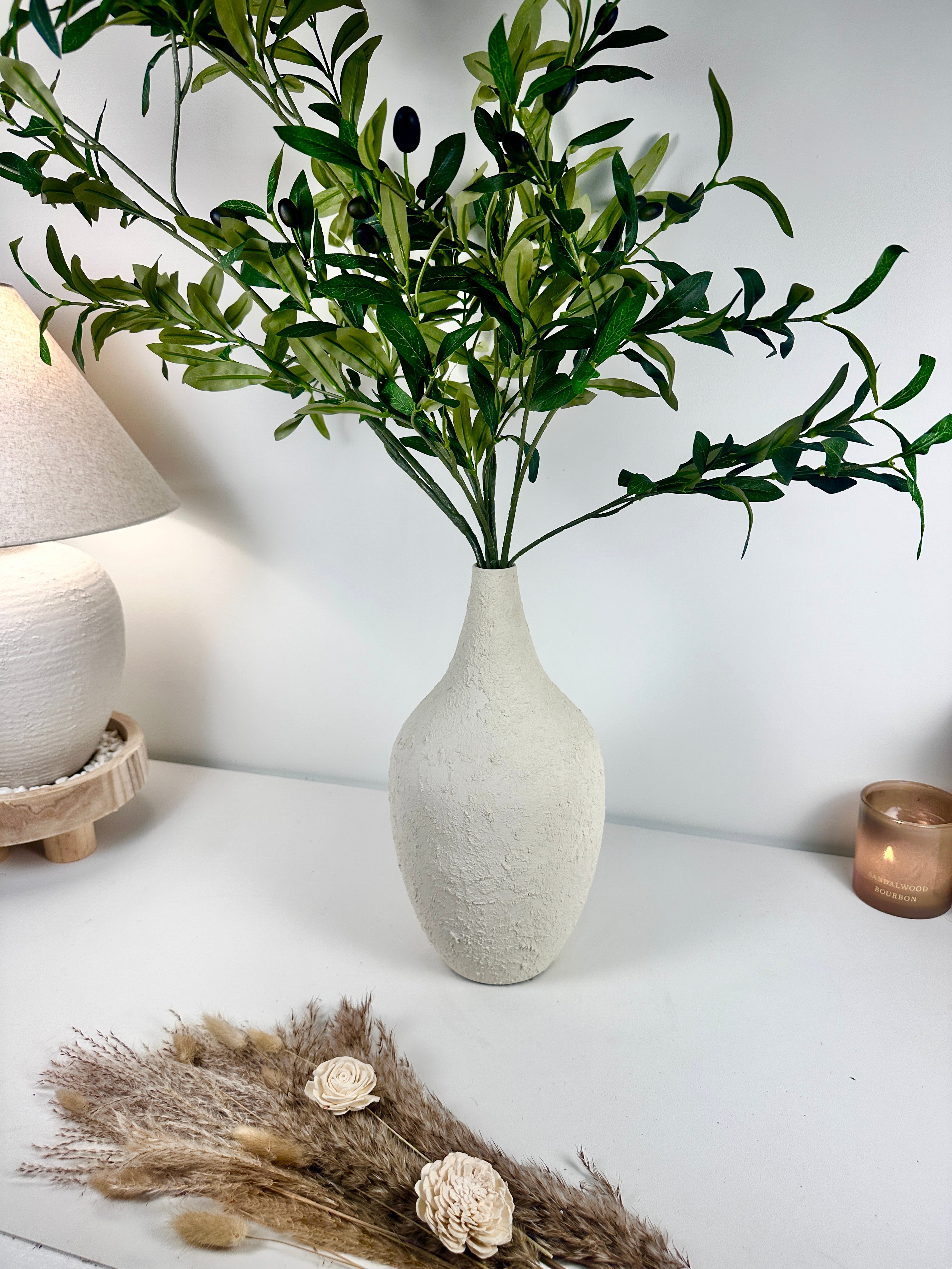 Minimalist Hand-Painted and Textured Vase 14" tall - White Cream