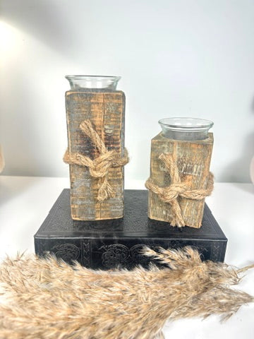 Set of 2 Rustic Farmhouse Handcrafted Candle Holders 4“ and 6” tall