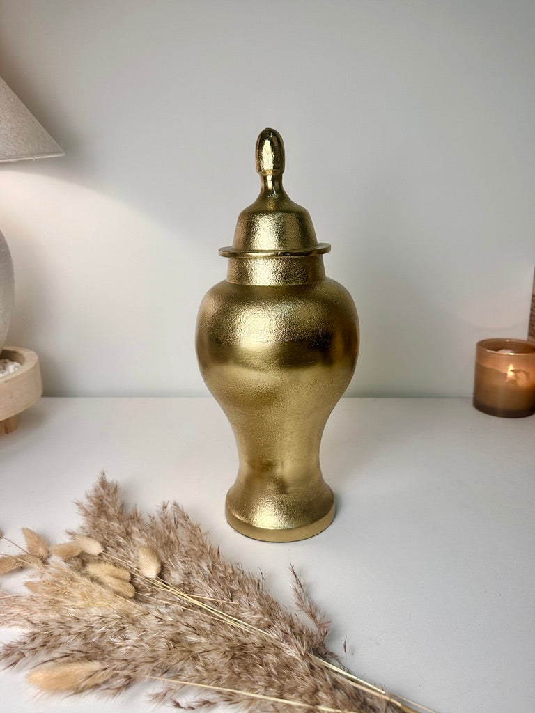 Gold Metal Ginger Jar Hammered Finish with Classic Lid 15" tall