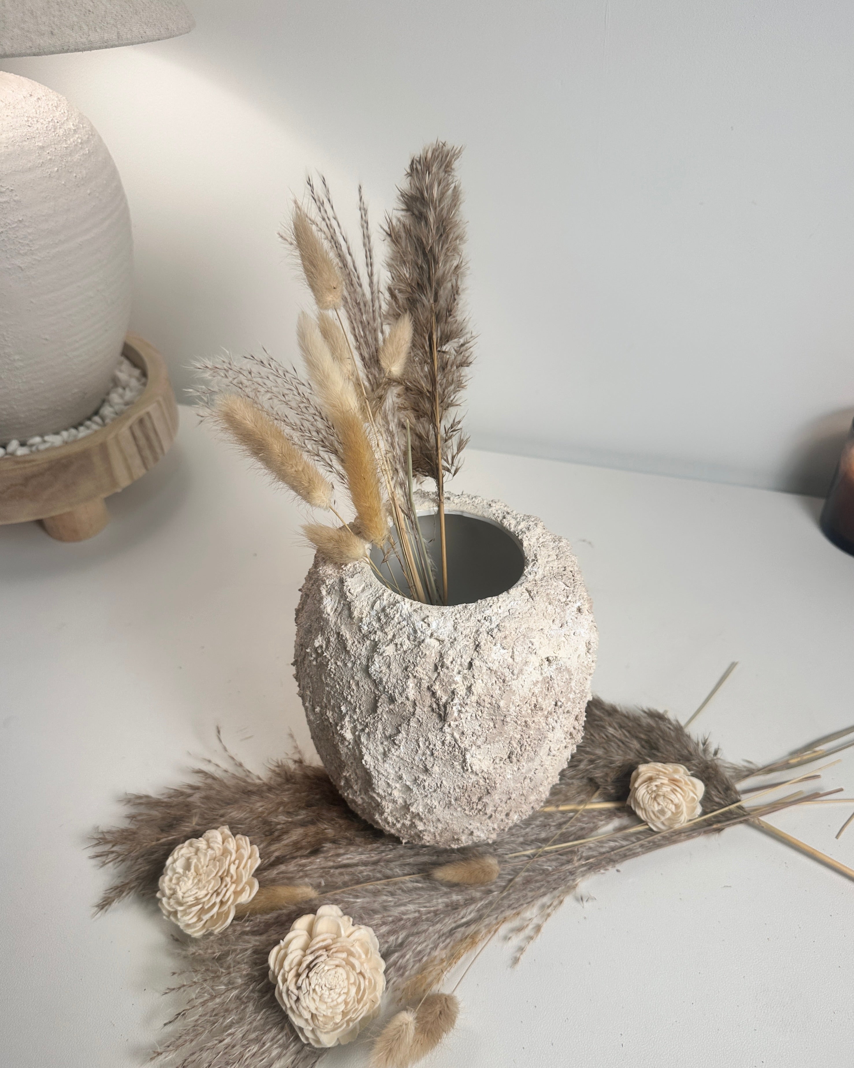 Minimalist Hand-Painted Textured Ceramic Round Vase 7" tall - cream sand wash