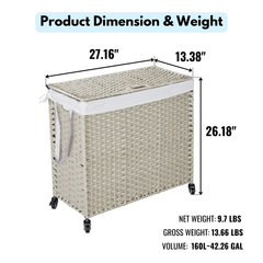 Laundry Hamper With Lid PE Rattan Powder Coating Frame Clothes Hampers with 2 Removable Bags, Wheels, 160L, Light Grey