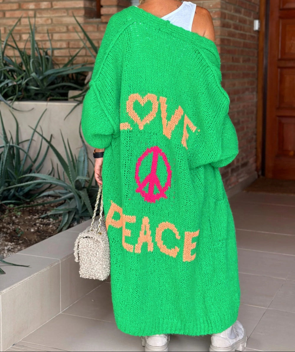 Cozy Women's Love Peace Graphic Oversized Cardigan Sweater Long Sleeve