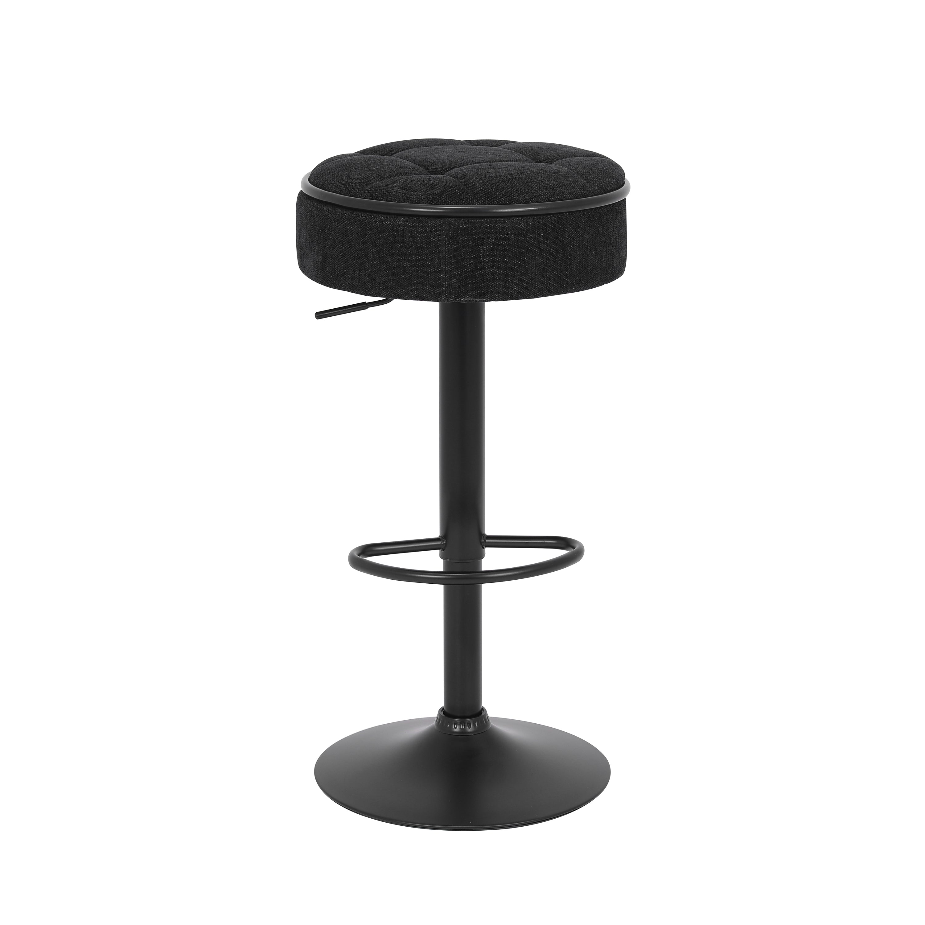 Set of 2 Round Storage Bar Stool Black Linen Height Adjustable Barstool, 360°Counter Height Swivel
